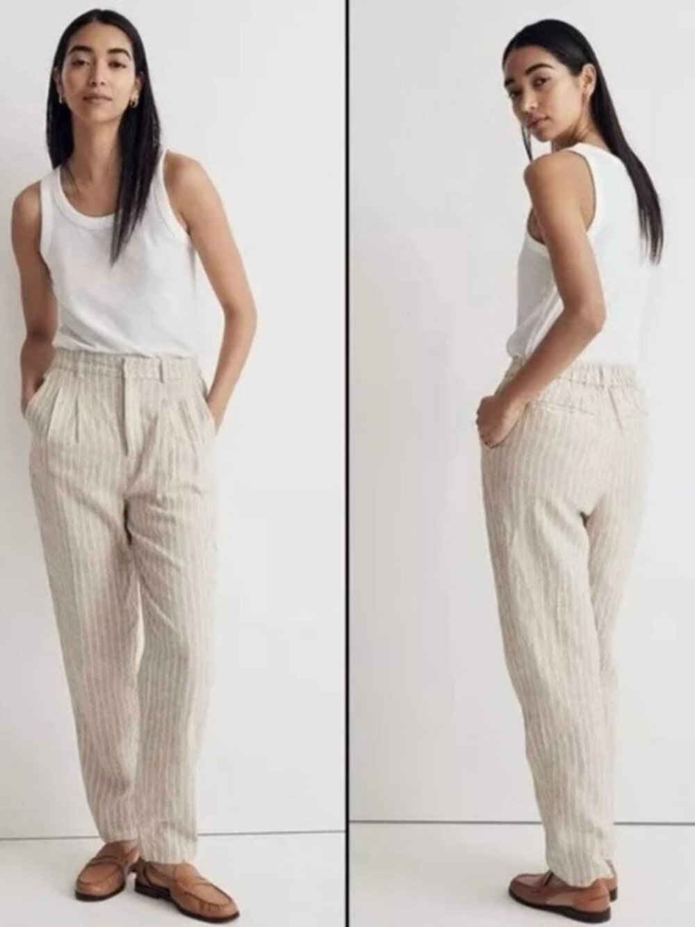 Madewell 100% Linen Striped High-Rise Pleated Ankle Pants 8L